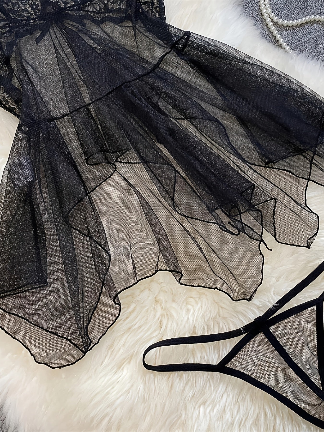 Women Sheer Mesh Lace Halter Dress and Thong Lingerie Set