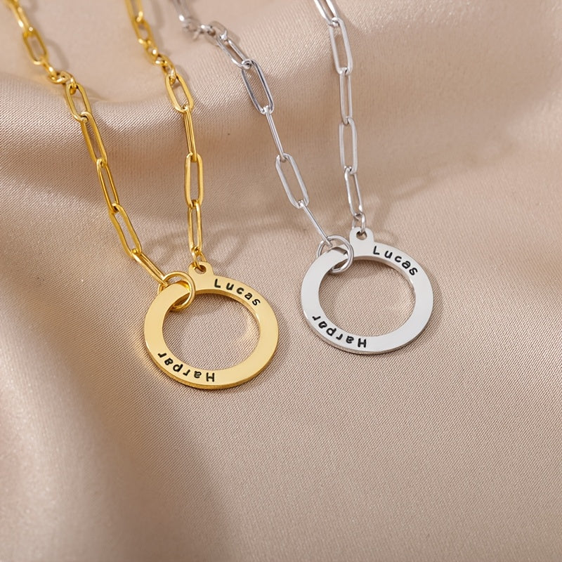 Women's Personalized Stainless Steel Pendant Necklace with Dual Names Circular Design