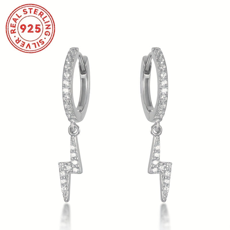Sterling Silver Punk Earrings with Lightning Bolt Zirconia Pendants for Daily Wear