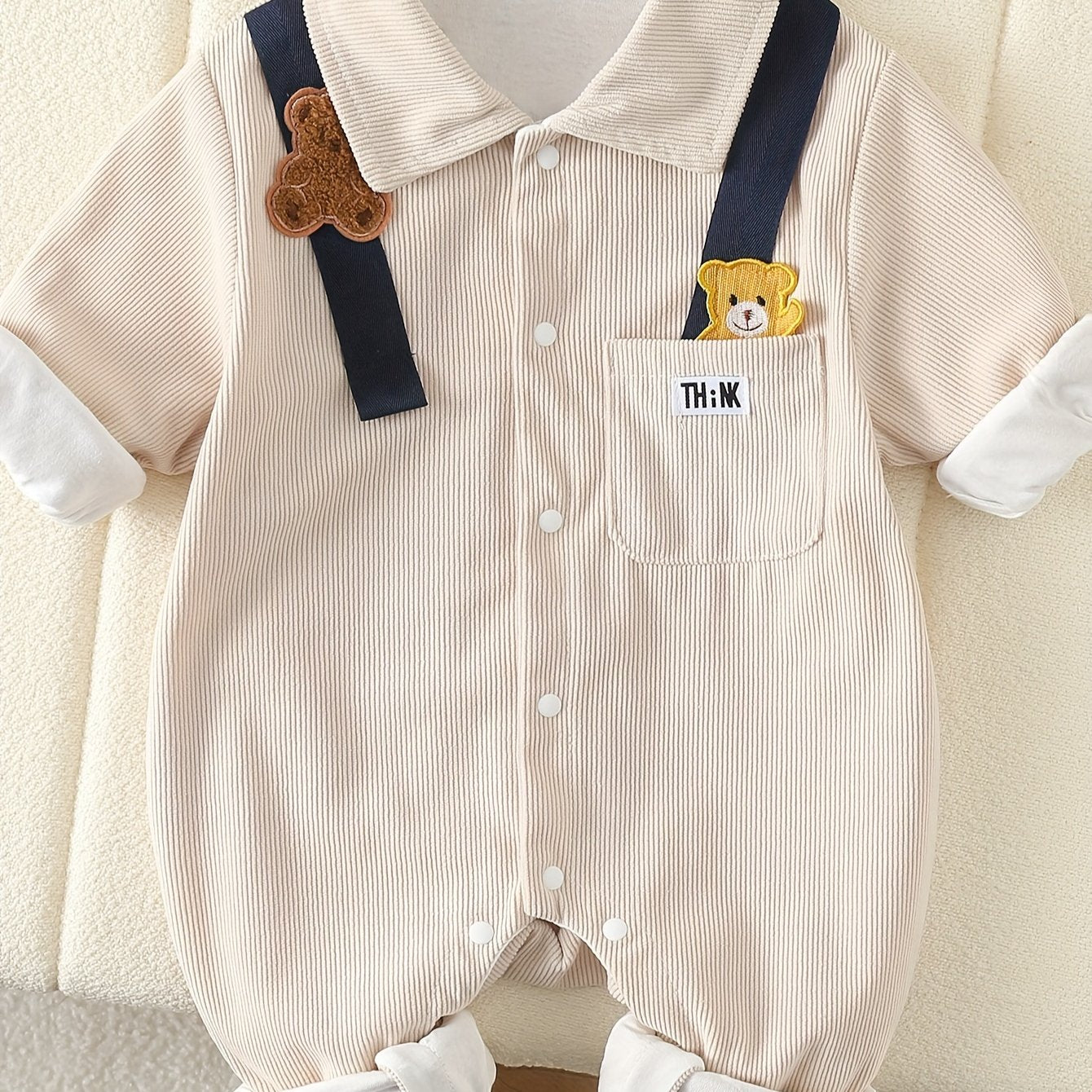 Baby Boy Romper Mustard Yellow Bear Patchwork Striped Straps Casual Spring Fall