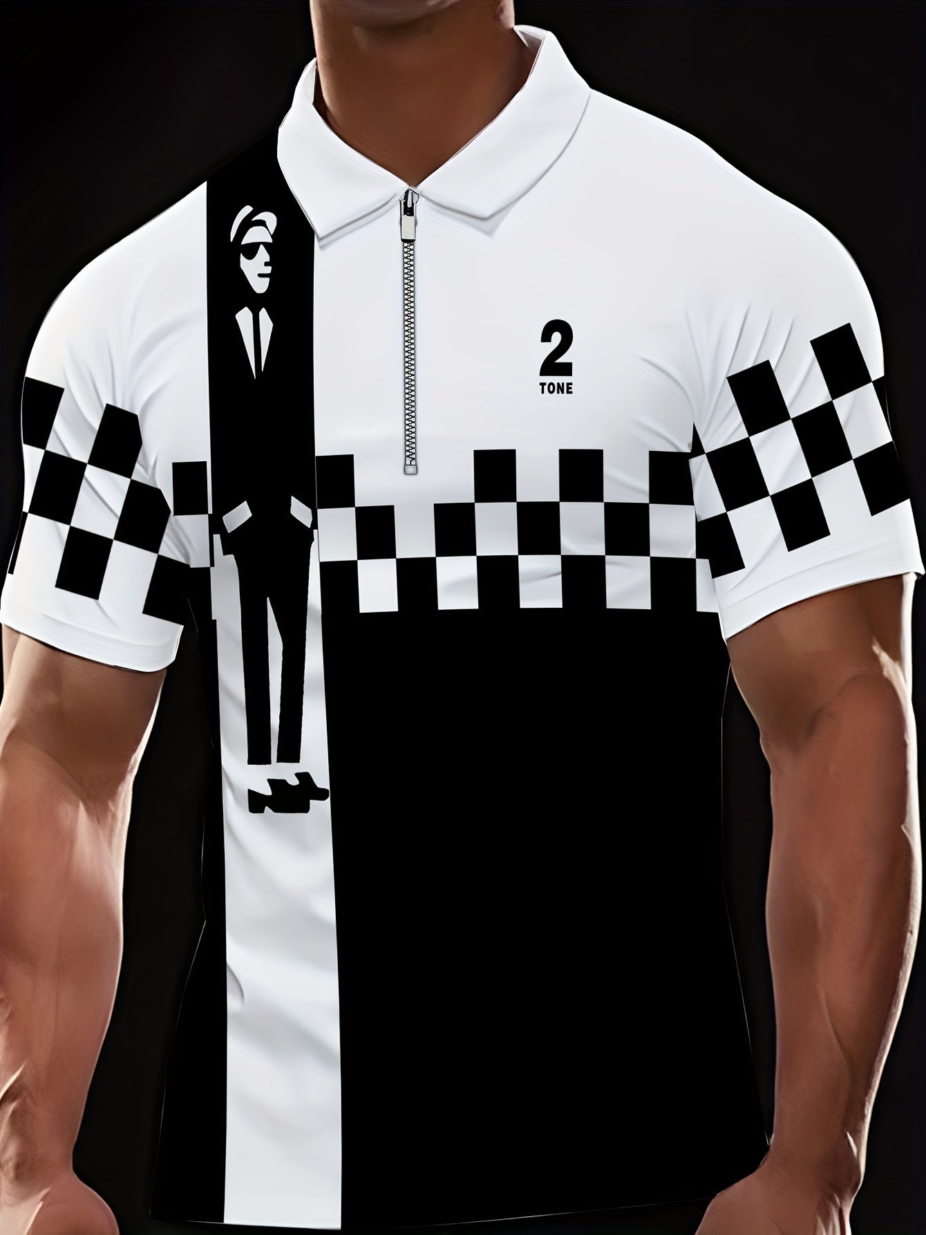 Erkaklar uchun plussiz o'lchamdagi tekis to'rli rangli blokli qisqa yengli golf ko'ylagi, sportiv tasodifiy uslub va zip yaka bilan.