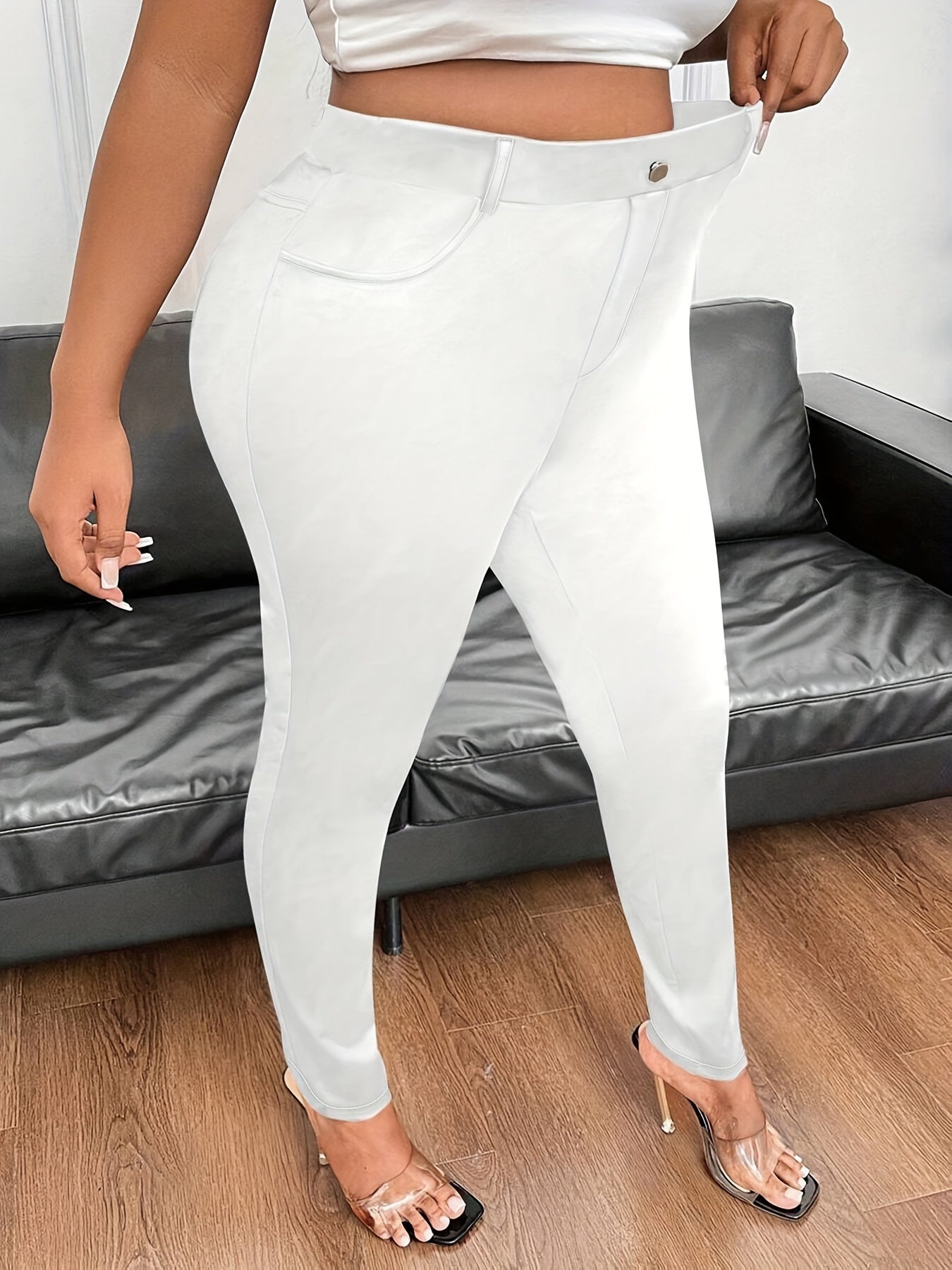 Pantalones ajustados de talla grande para mujer, de color sólido, de cintura alta, con bolsillos, aptos para lavadora