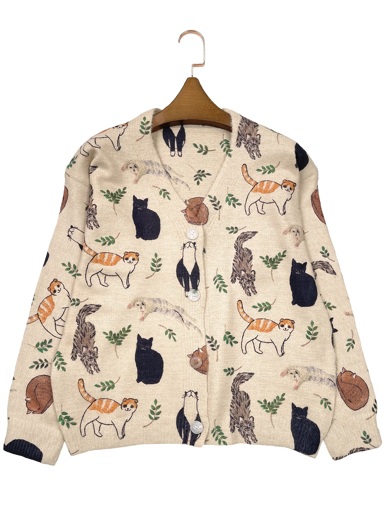 Suéter de punto para mujer talla grande con cuello en V, manga larga y estampado de gato