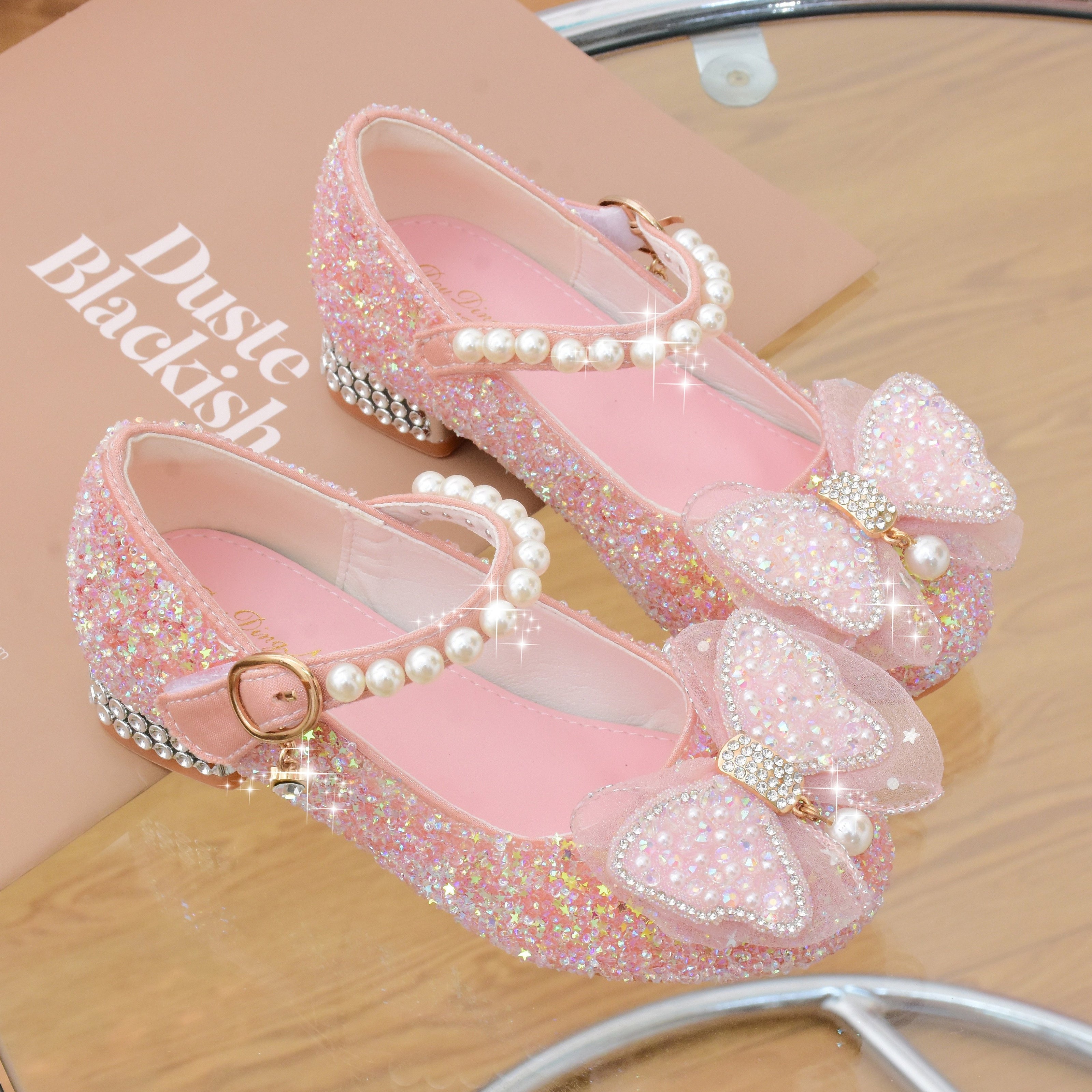 Girls High Heel Shoes with Bowknot and Pearl Embellishments for Parties and Events
