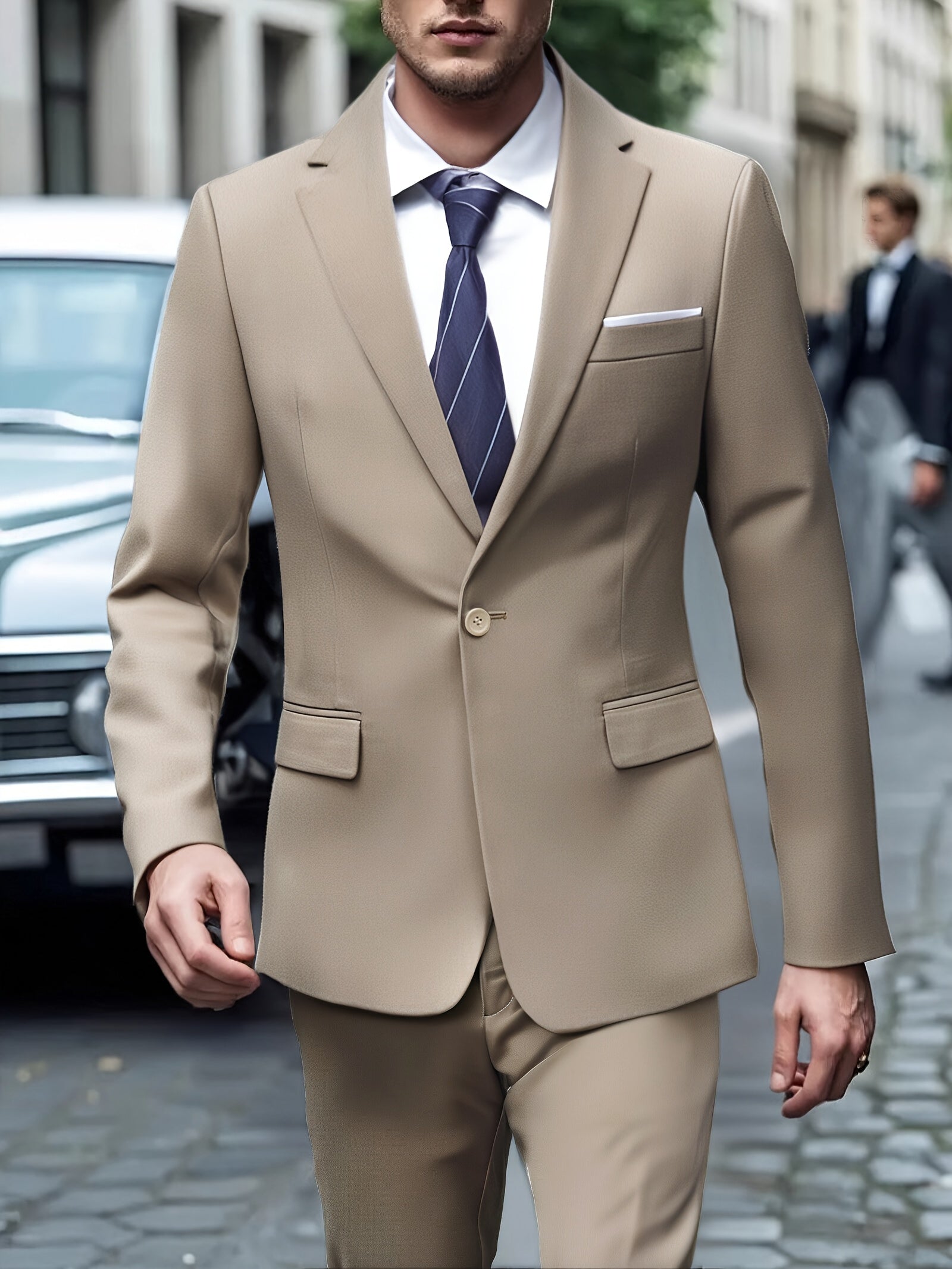 Men's Solid Color Suit with Sealed Pockets Regular Fit Trousers for Business and Weddings