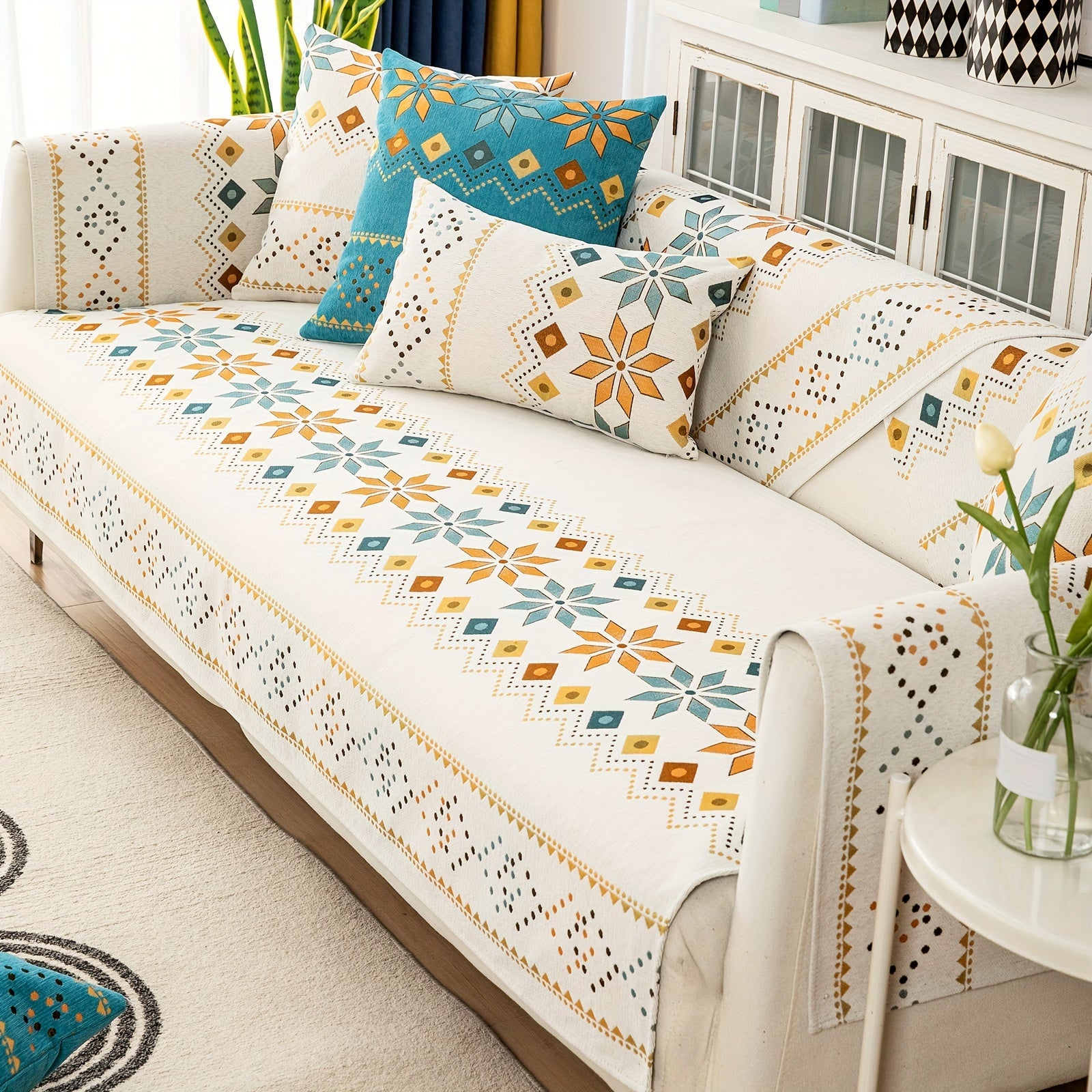 Bohemian Embroidered Sofa Slipcover with Pillowcase and Cushion Covers for Living Room and Bedroom