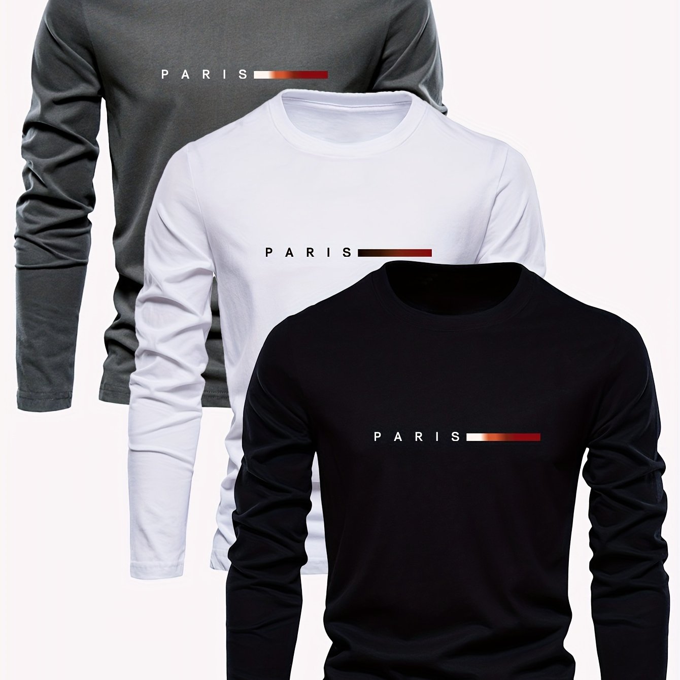 Men's Cotton Long Sleeve T-Shirts with Paris Print for Spring and Fall