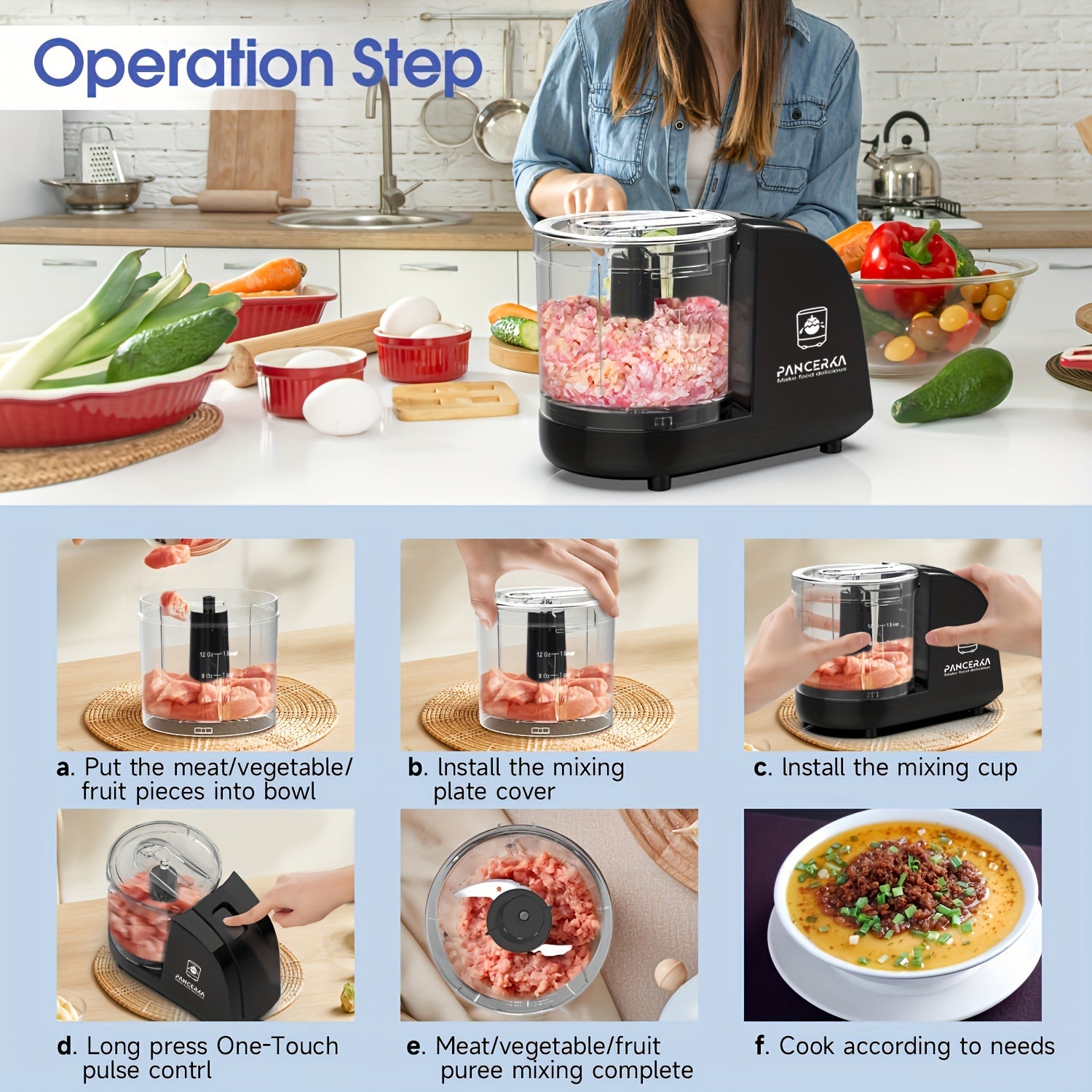 PANCERKA 1.5 stakanli aralashtirgich maydalagich, 200W quvvat, 15000RPM va 350ml sig'imga ega. Oshxonada to‘g‘ralish, maydalash va pyure qilish uchun Yevropa standartidagi ulagich bilan birga keladi.