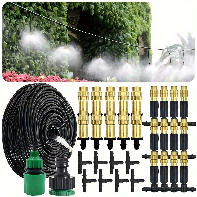 Outdoor Misting Cooling System with Copper Nozzles and Drip Irrigation Kits for Garden Watering and Humidification