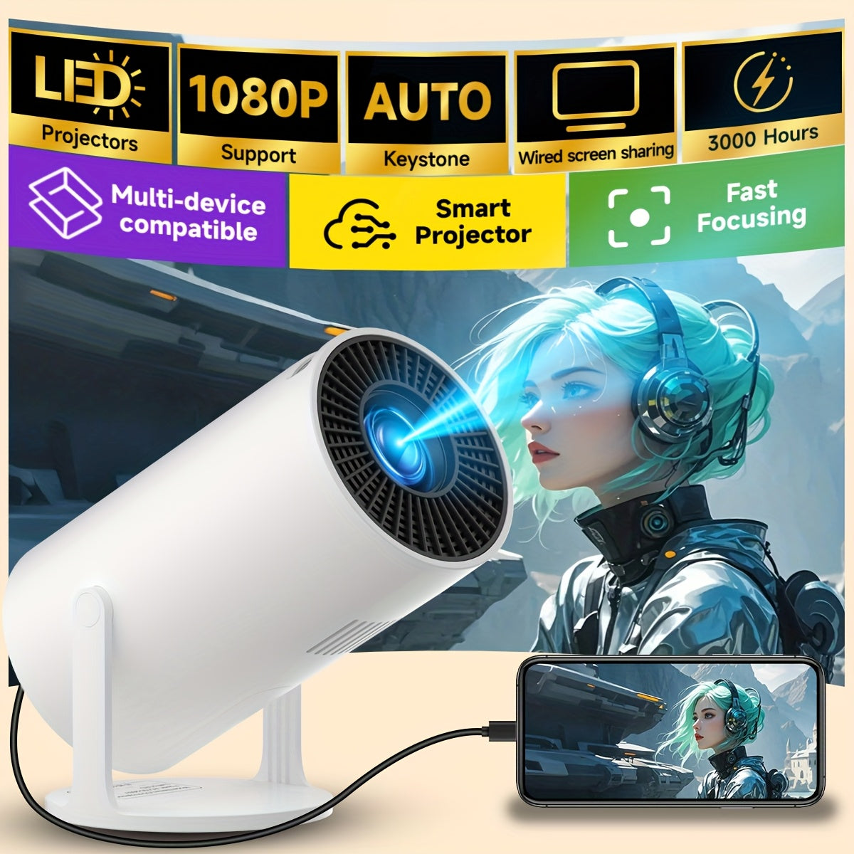 Mini Projector 4K Ultra Bright Portable with 180° Stand Home Office Party