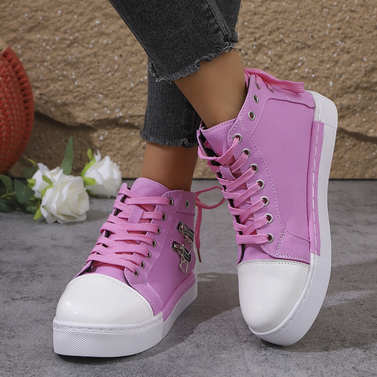 Youth Women Canvas Sneakers with Double Zippers and Laces for Outdoor Activities