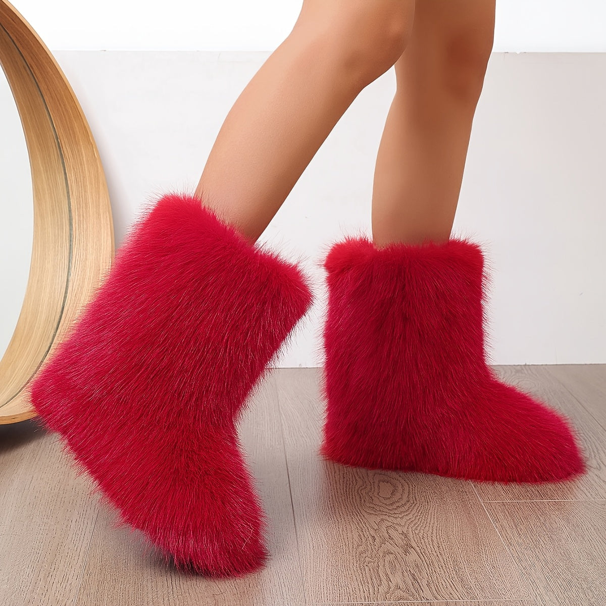 Women'S Winter High-Top Boots Faux Fur Mid-Calf Flat-Heeled Warm Shoes