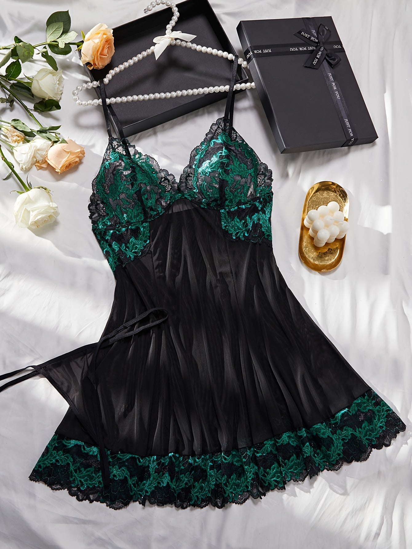 Women's Plus Size Valentine's Day Lace Mesh Babydoll and Thong Lingerie Set