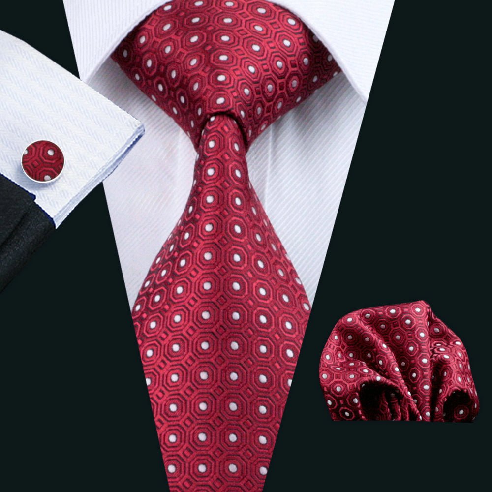 Men's Accessories Set Polka Dot Necktie Pocket Square Cufflinks Gift