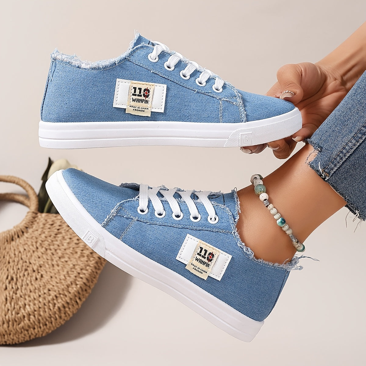 Women's Casual Fabric Flat Lace-Up Sneakers for School and Everyday Use
