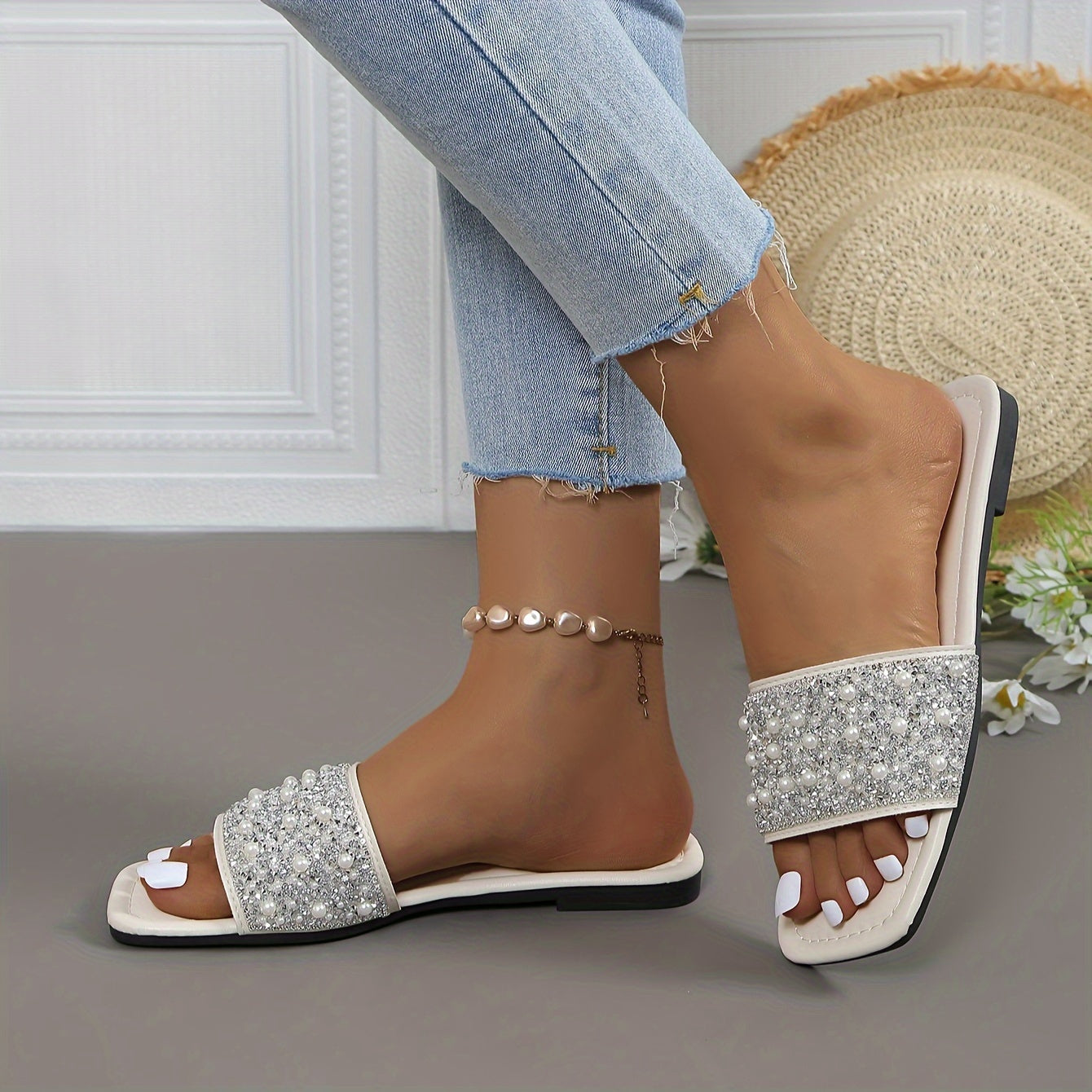 Women Summer Slide Sandals Faux Pearl Embellishments Flat Heel Casual Outdoor