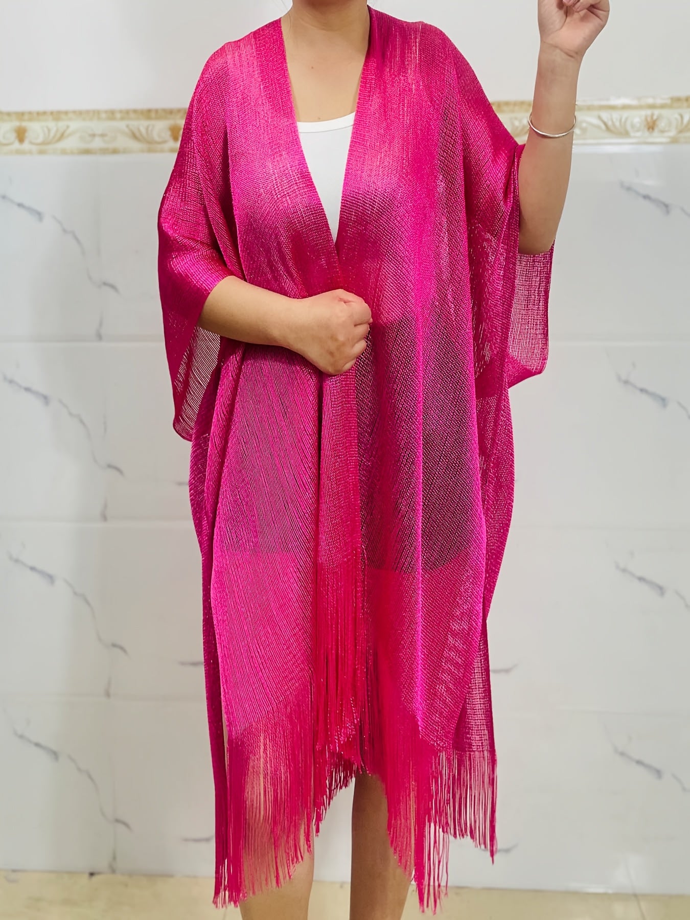 Chal de mujer de talla grande con flecos rosa, ligero, para verano y playa