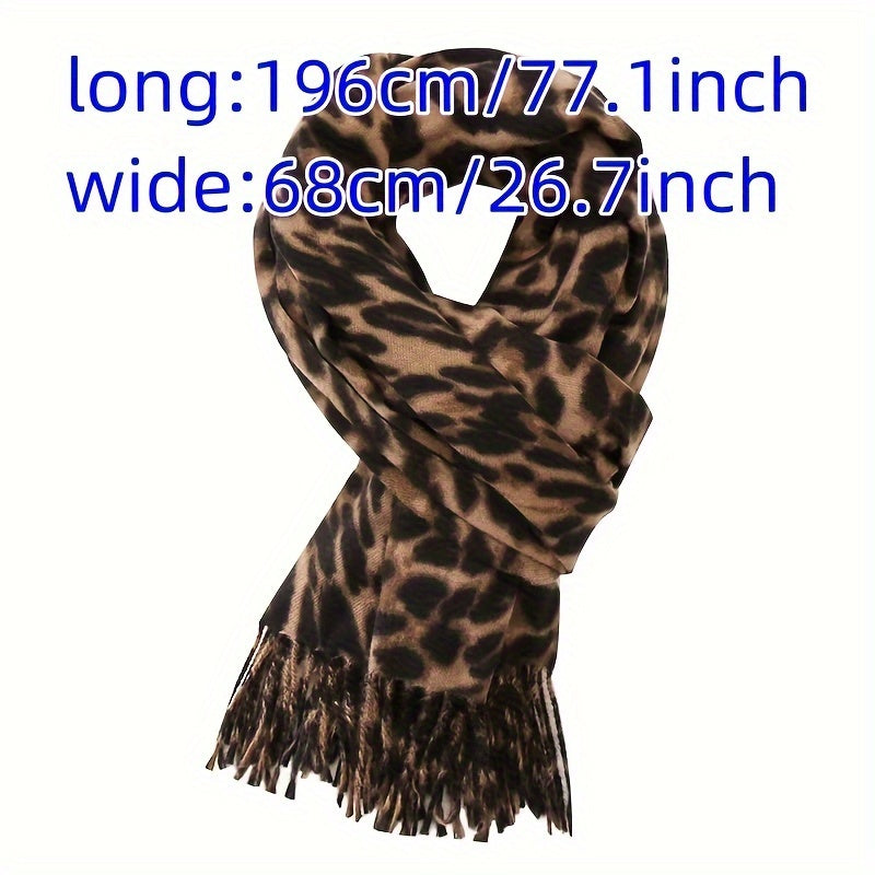 Leopard Print Faux Fur Scarf for Women Winter Cashmere Feel Tassels Warm Accessory