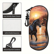 Horse Patterned Glasses Case Neoprene Eyewear Pouch with Zipper and Belt Clip