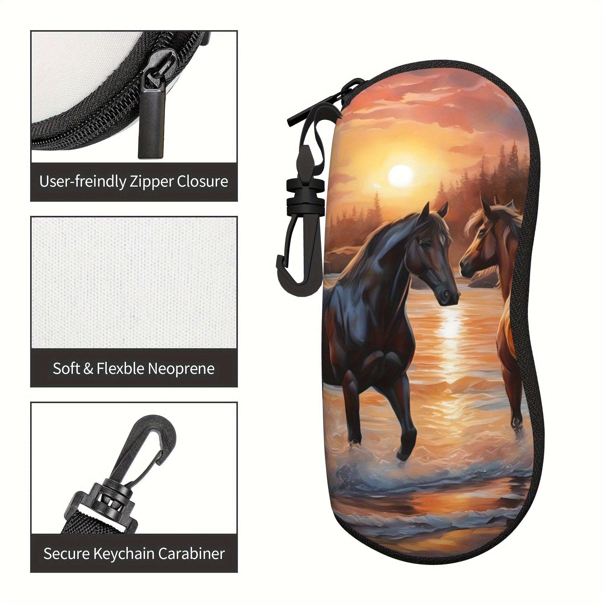 Horse Patterned Glasses Case Neoprene Eyewear Pouch with Zipper and Belt Clip