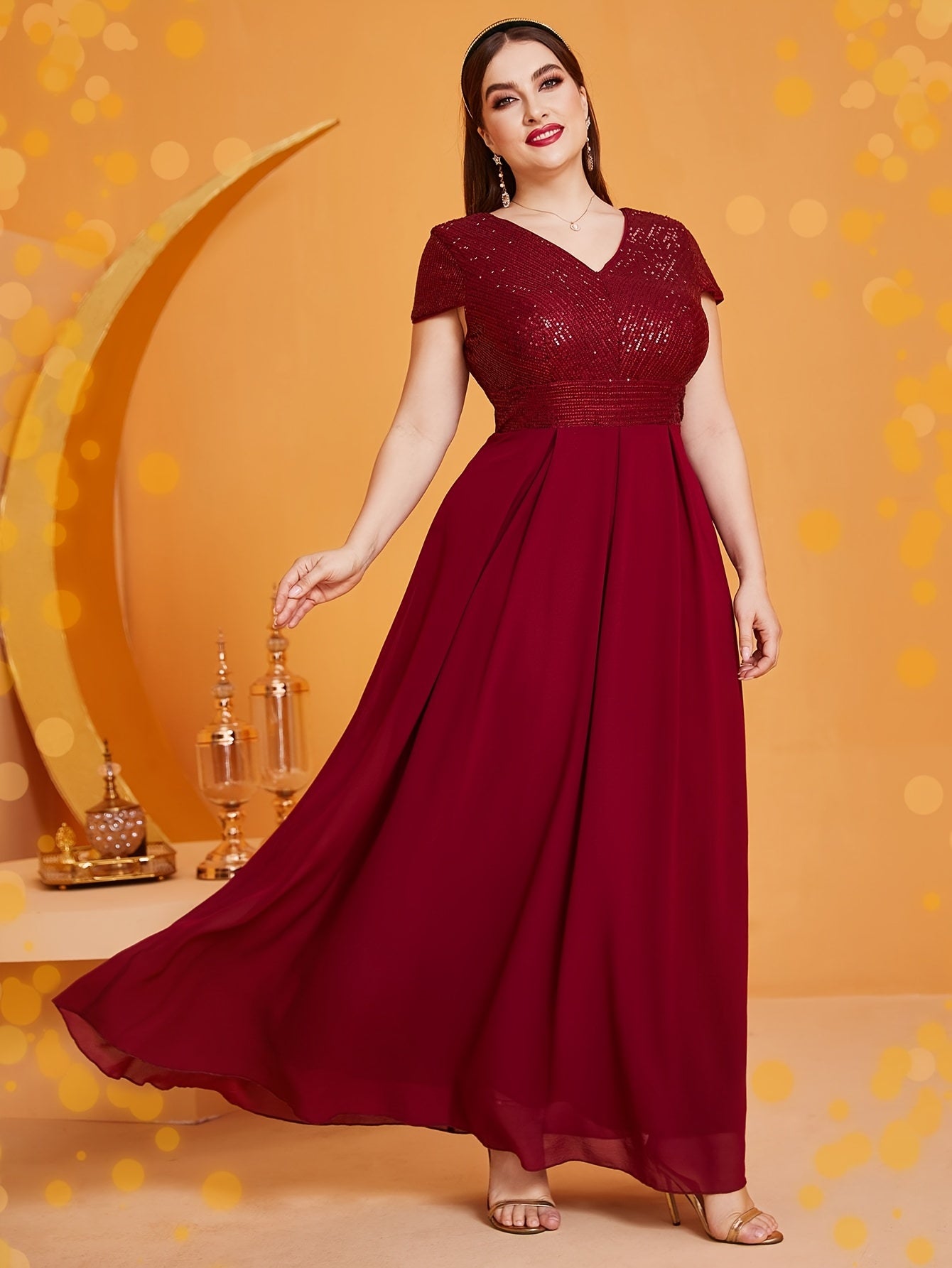Plus Size Sequined Longline Dress V Neck Party Banquet Elegant Short Sleeve