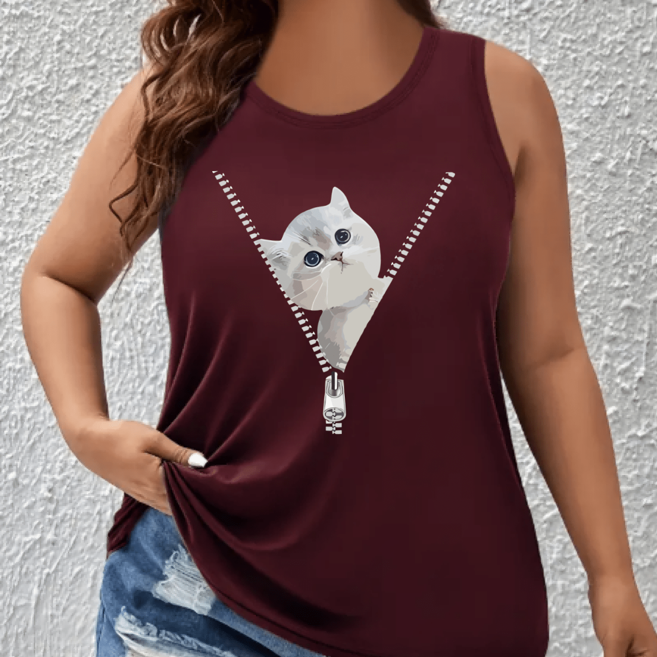 Women's Plus Size Off-The-Shoulder Sleeveless Top with Cat Print Breathable Fabric