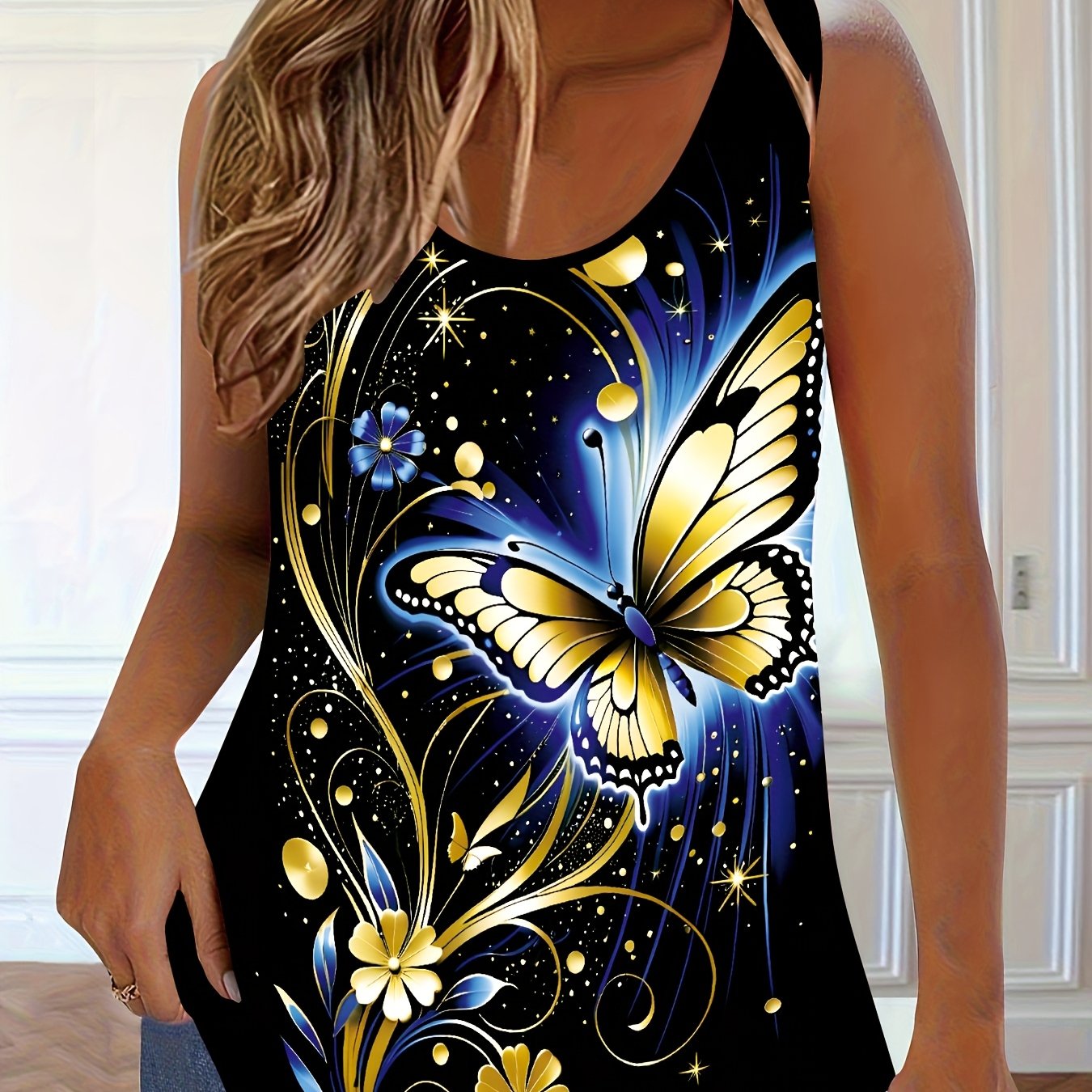 Топ без рукавов для полных женщин с принтом подсолнечника и бабочки, черный и желтый