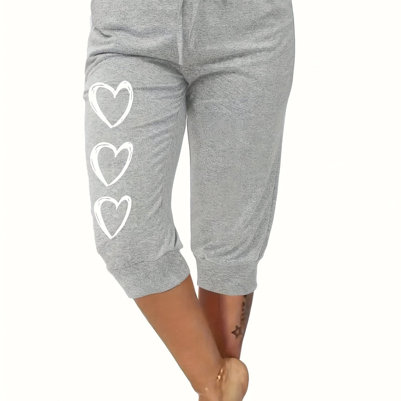 Plus Size Heart Print Capri Pants Casual Elastic Waist Summer Women's Clothing