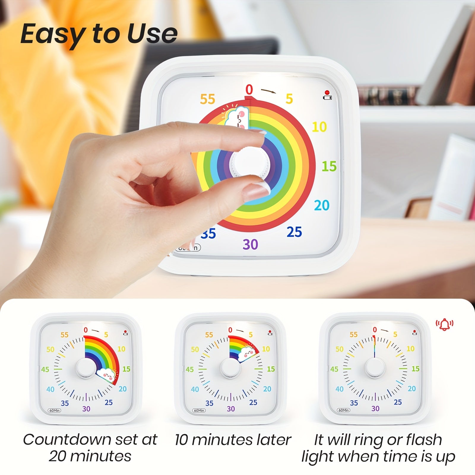 Quiet 60-Minute Visual Timer Rainbow White with Protective Case for Study Kitchen Office
