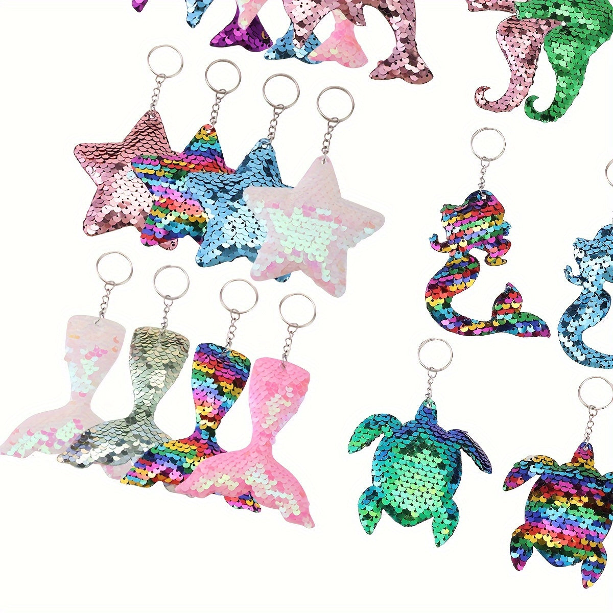 Set de 20 llaveros de cola de sirena de doble cara con lentejuelas, formas de animales marinos, lentejuelas que cambian de color, regalos para fiestas