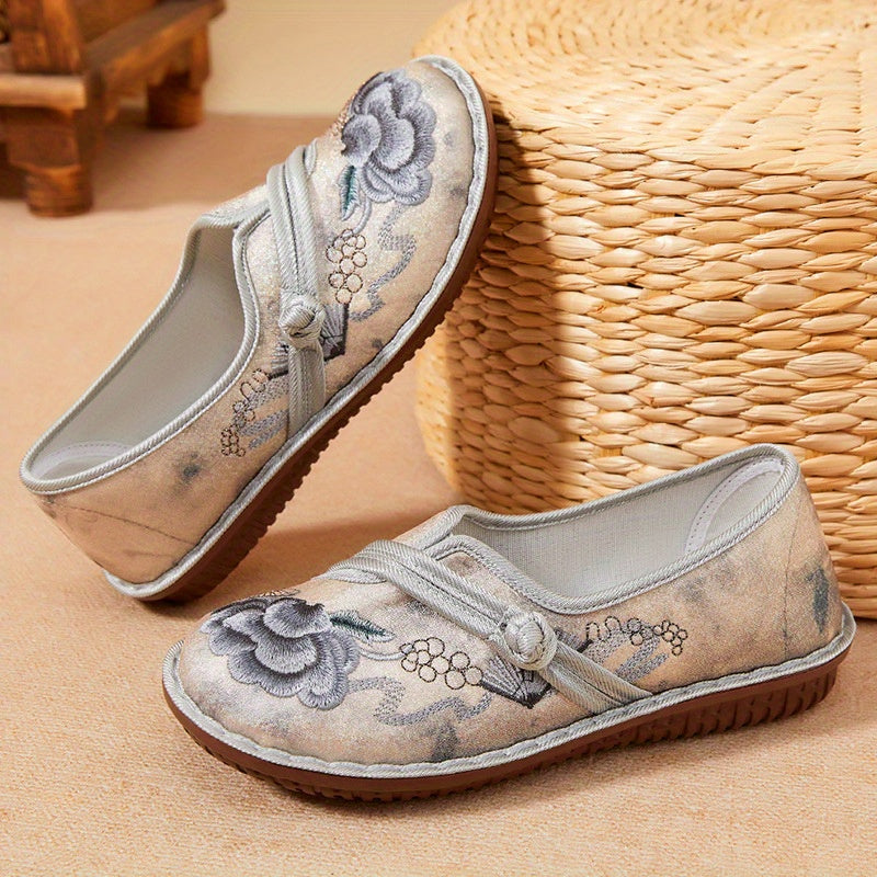 Women's Floral Embroidered Flats Casual Slip-On Shoes Breathable Linen
