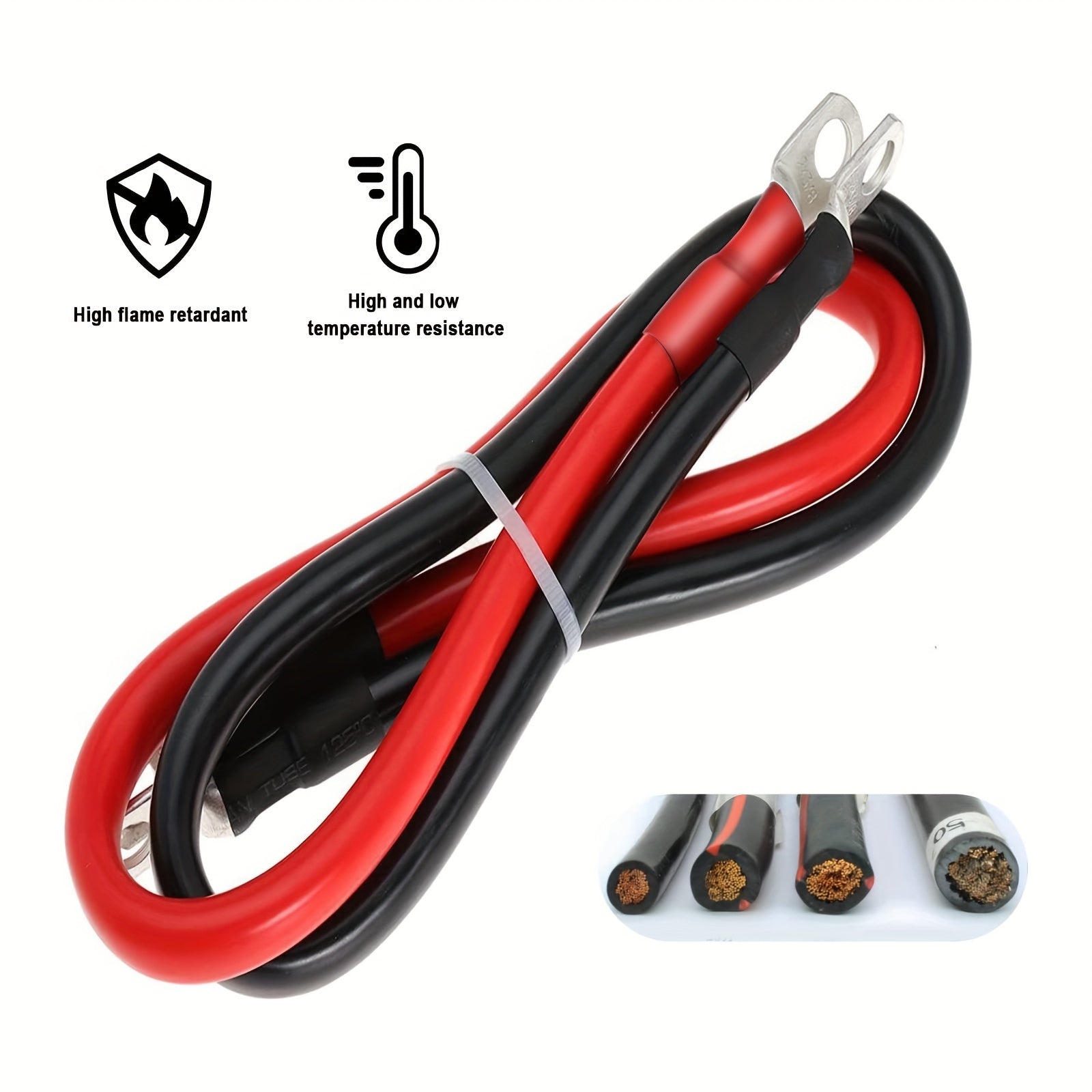 Car Battery Cable Copper Power Cord 2pcs 30/50/70/100cm 12V M8 Ring Clamp
