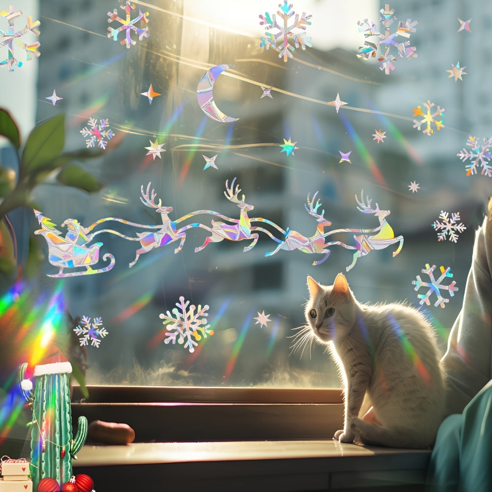 Reusable Static Cling Stickers Set Rainbow Prism Holiday Window Decals Snowflake Bird