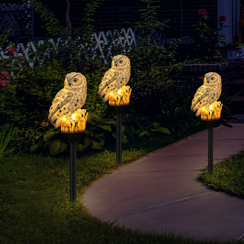 Solar-Powered Owl Garden Lights Set of Two Resin Outdoor Decor with Remote Control