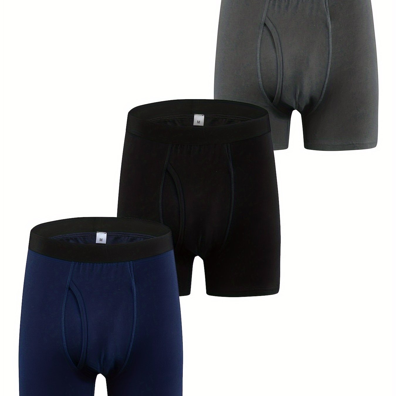 Plus Size Cotton Boxer Briefs 3-Pack Breathable Comfortable Black Gray Blue