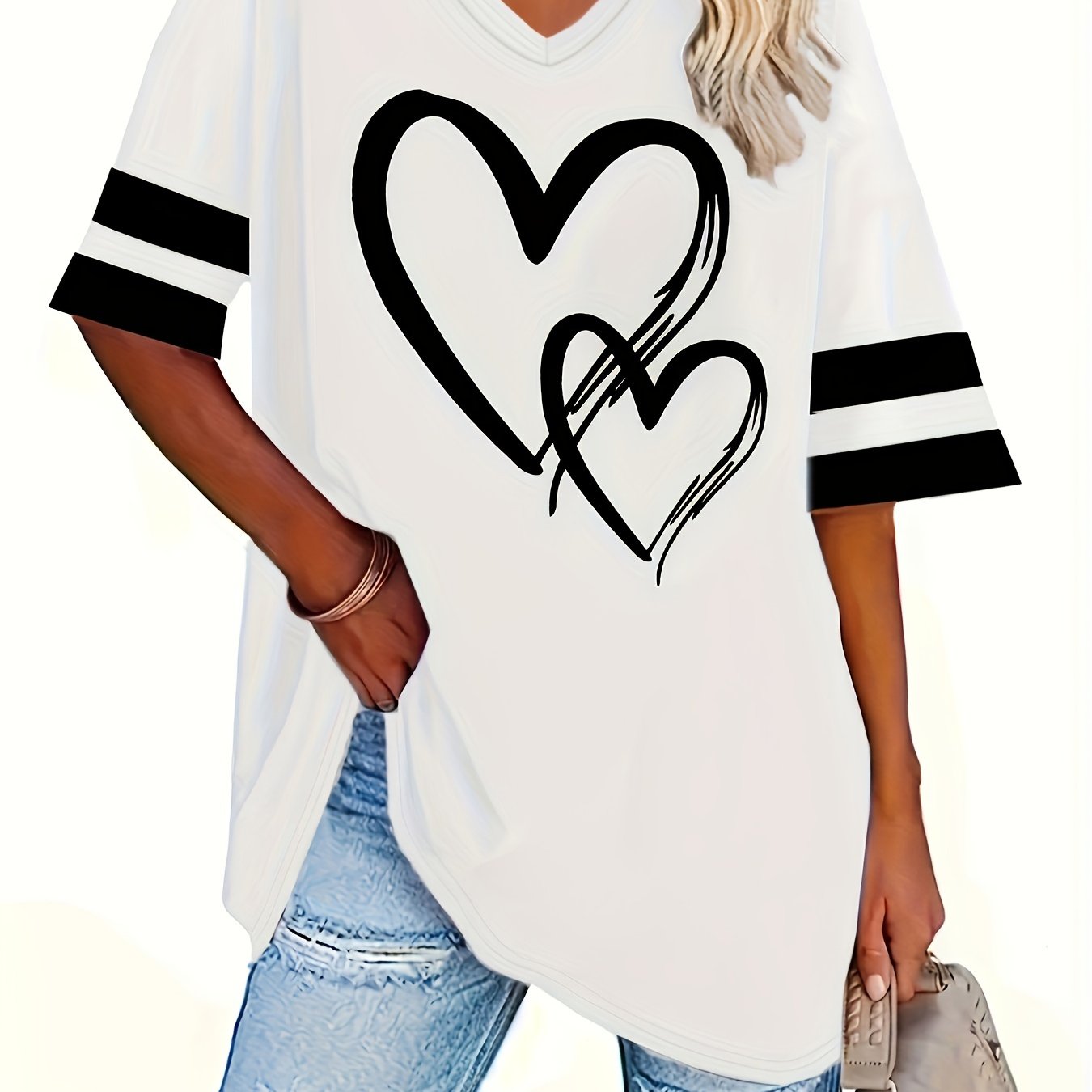 Plus Size Heart Print T-Shirt Casual Short Sleeve V Neck Top for Summer