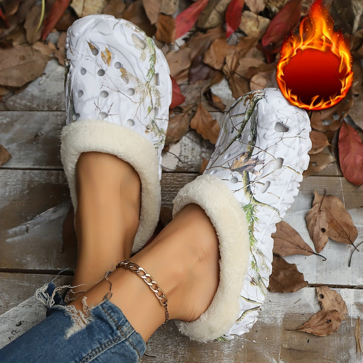 Women's Camouflage EVA Slip-On Shoes with Plush Faux Fur Indoor Outdoor