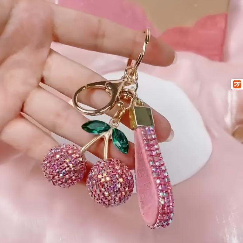 Pink Rhinestone Cherry Keychain for Women and Girls, Cute Bag Charm