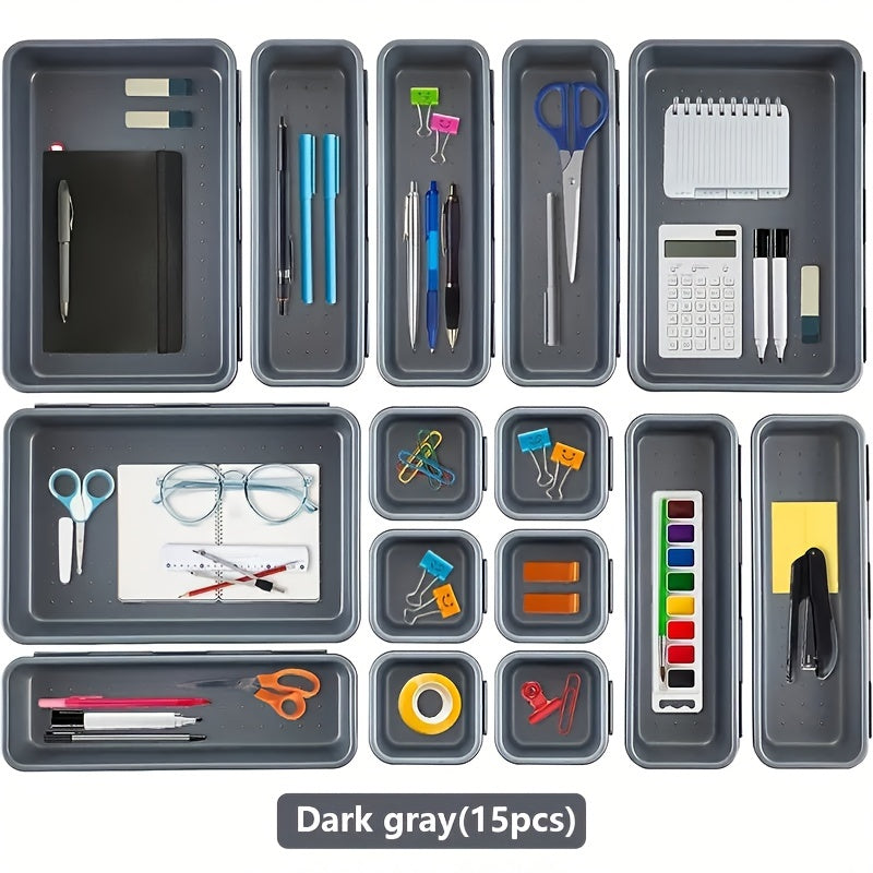 15-Piece Interlocking Desk Drawer Organizer Set for Office Bathroom Kitchen Makeup