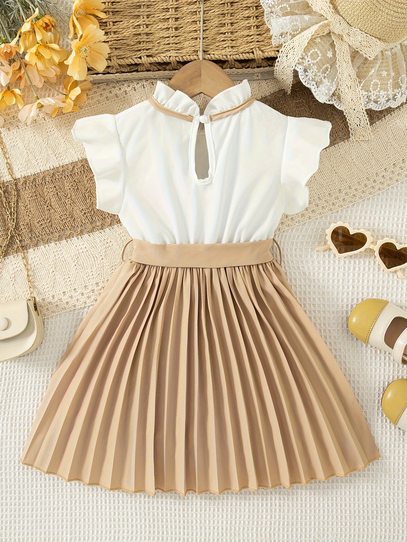 Girls Summer Dress with Polyester Knee-Length Pleated Skirt Stand Collar Sleeveless Ruffle Bow Casual