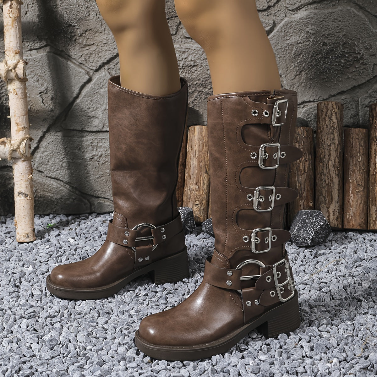 Women's Faux Leather Mid-Calf Boots with French Heel and Pull-On Design