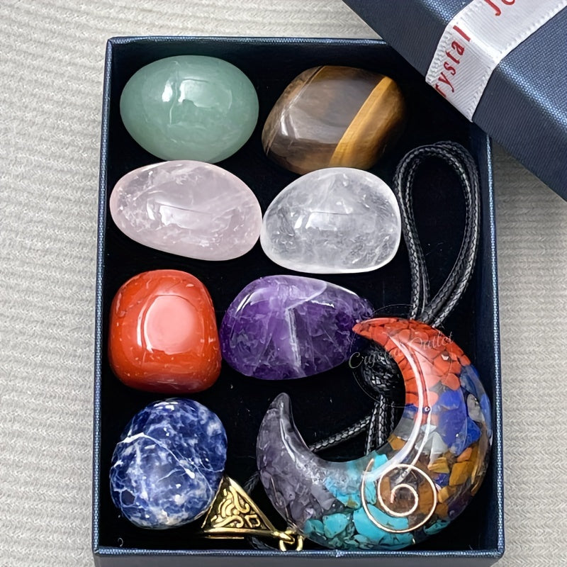 Set of 8 Natural Stone Pendants with Necklace Gift Box for Men and Women