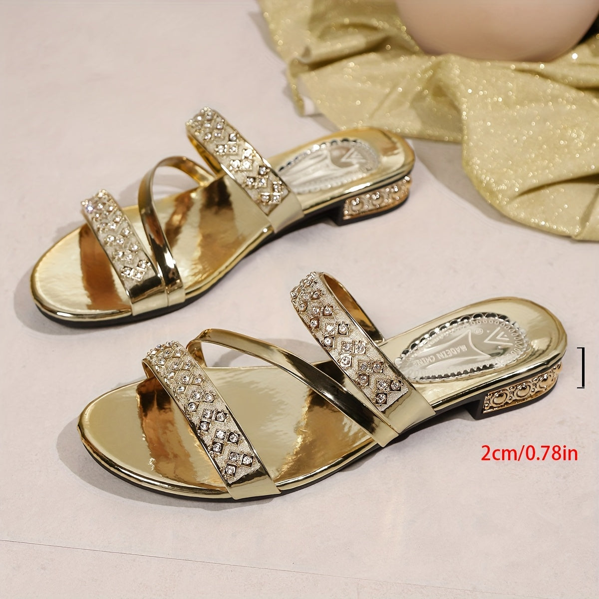 Women’s Gold Tone Satin Slide Sandals with Rhinestones Open Toe