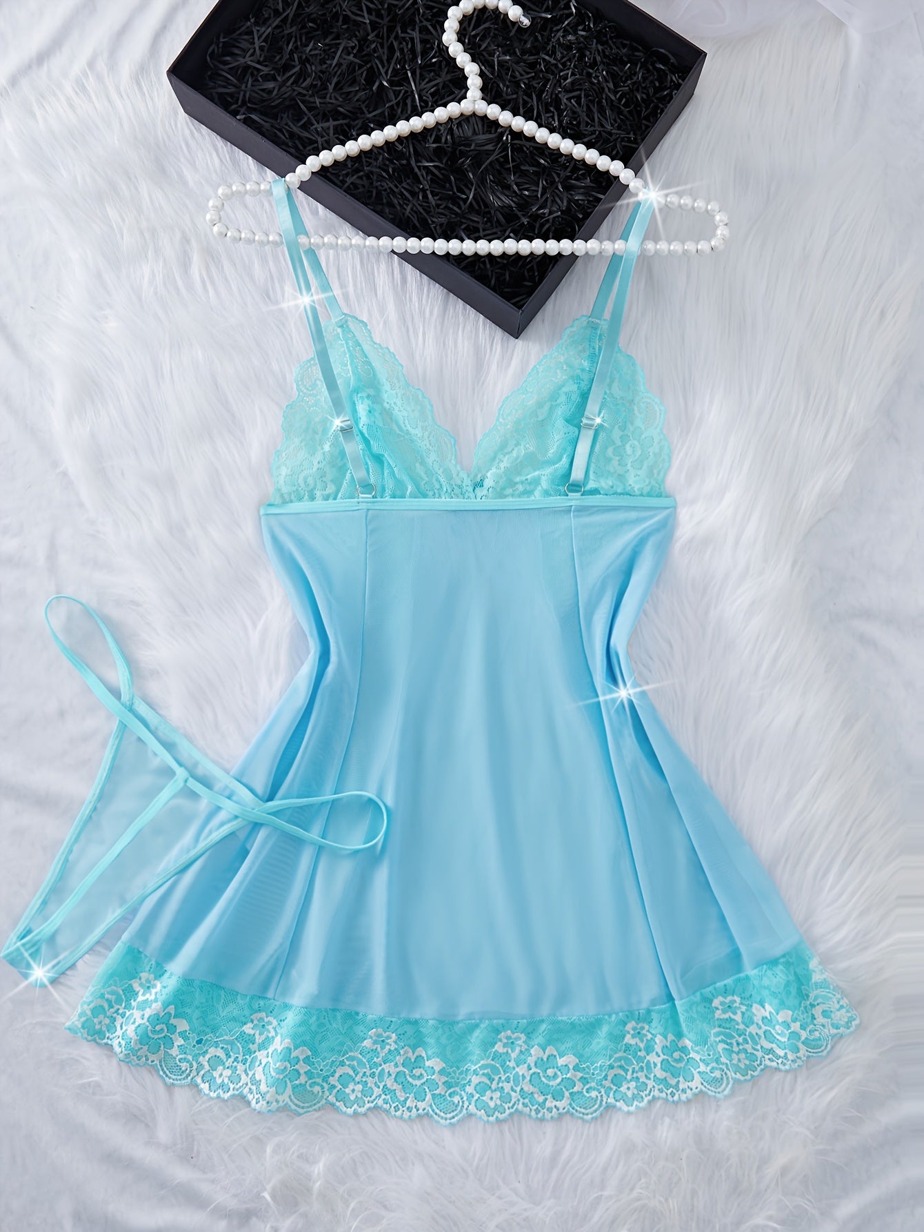 Women's Floral Lace Lingerie Set with V-Neck Nightgown Thong and Bow-Knot