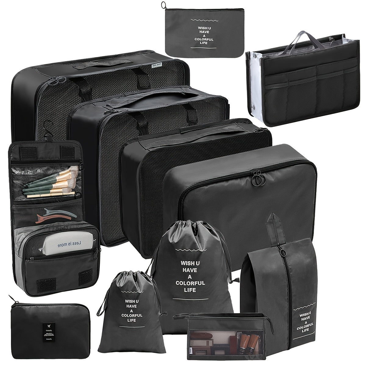 12-Piece Minimalist Travel Organizer Set Plastic Packing Cubes Toiletry Bag Shoe Storage