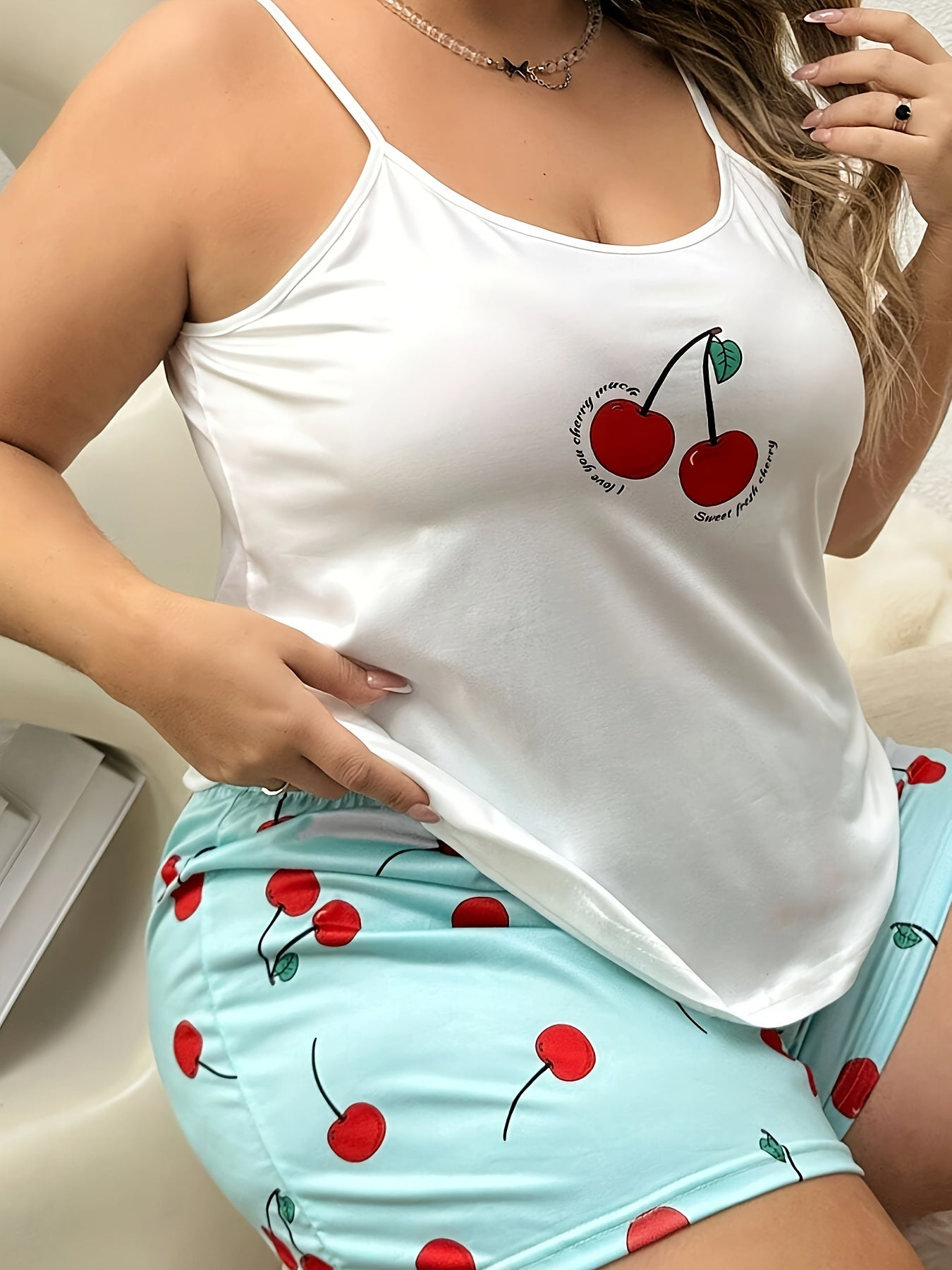 Women's Plus Size Cherry Print Cami and Shorts Pajama Set Polyester Blend