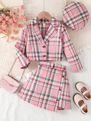 Girls' 3-Piece Outdoor Set with Knit Jumpsuit Skirt and Hat Gingham Pattern Cotton Polyester Fall Winter
