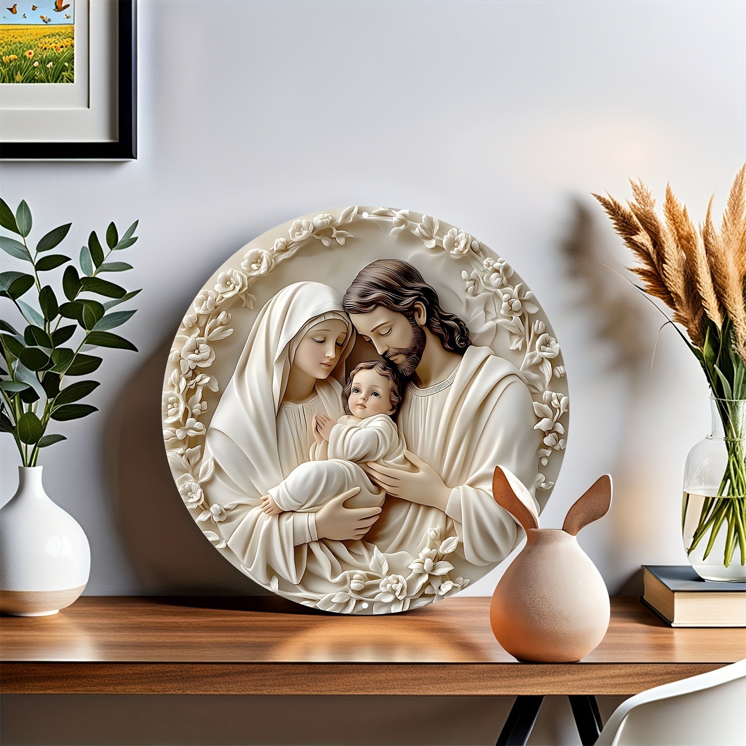 Religious Aluminum Wall Hanging Sign Sacred Family Metal Art Weather Resistant Textured Decor