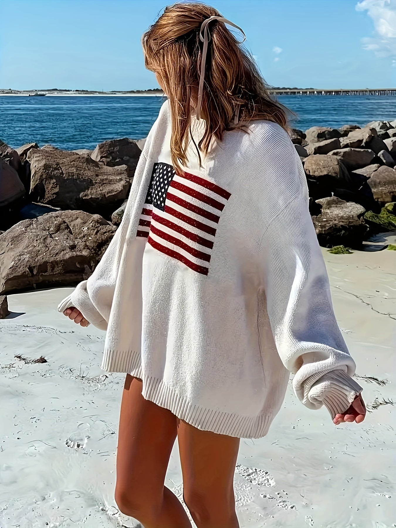 Plus Size Flag Pattern Sweater Women's Long Sleeve Crew Neck Fall Winter Clothing