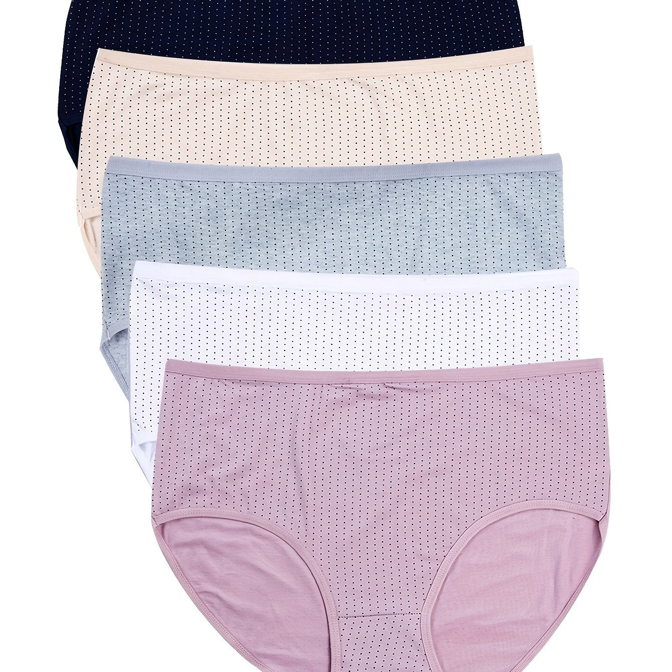 Plus Size Women's Mid-Waist Polka Dot Cotton Briefs Set of 5 Breathable Comfortable